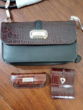 Brighton Dover Embossed Black Leather Crossbody Organizer w/Accessories - New!